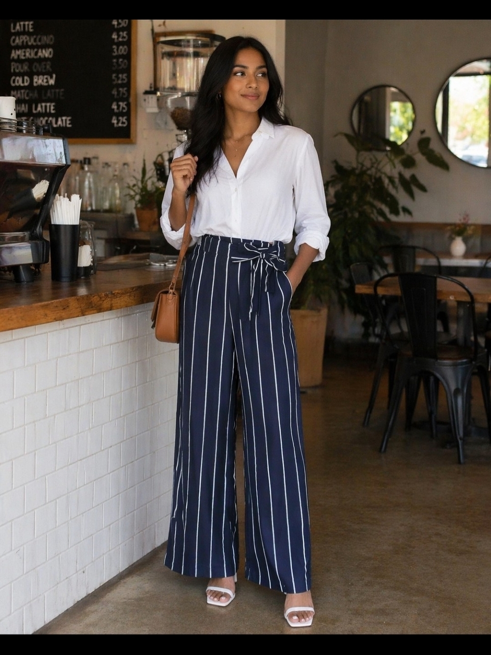 Breeze Ever High-Rise Navy Pinstripe Wide-Leg Pants‎ with Tie Waist, Sz L.